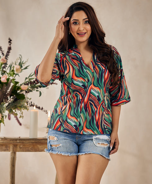 Loose Fitted Green Printed Vneck Top